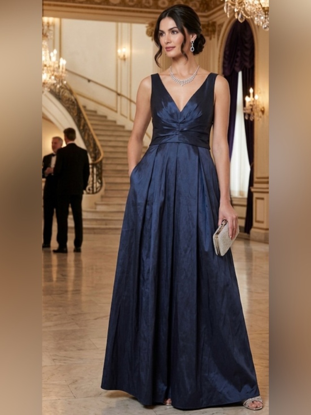 Alex Evenings Navy Blue V-Neck Pleated A-Line Maxi Evening Gown Size 8 NWT